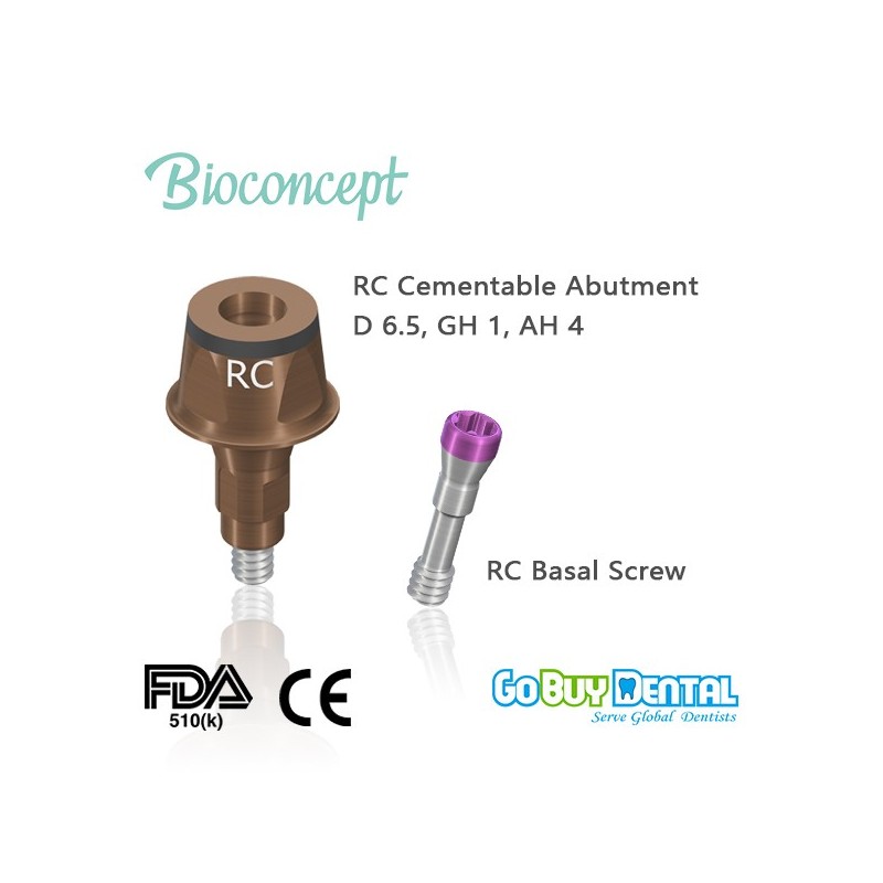 Straumann compatible Bioconcept RC Cementable abutment, Ø6.5mm, Gingiva height 1mm, Abutment Height 4mm