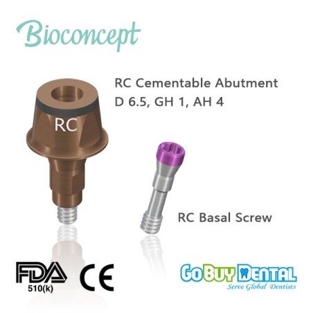 Straumann compatible Bioconcept RC Cementable abutment, Ø6.5mm, Gingiva height 1mm, Abutment Height 4mm